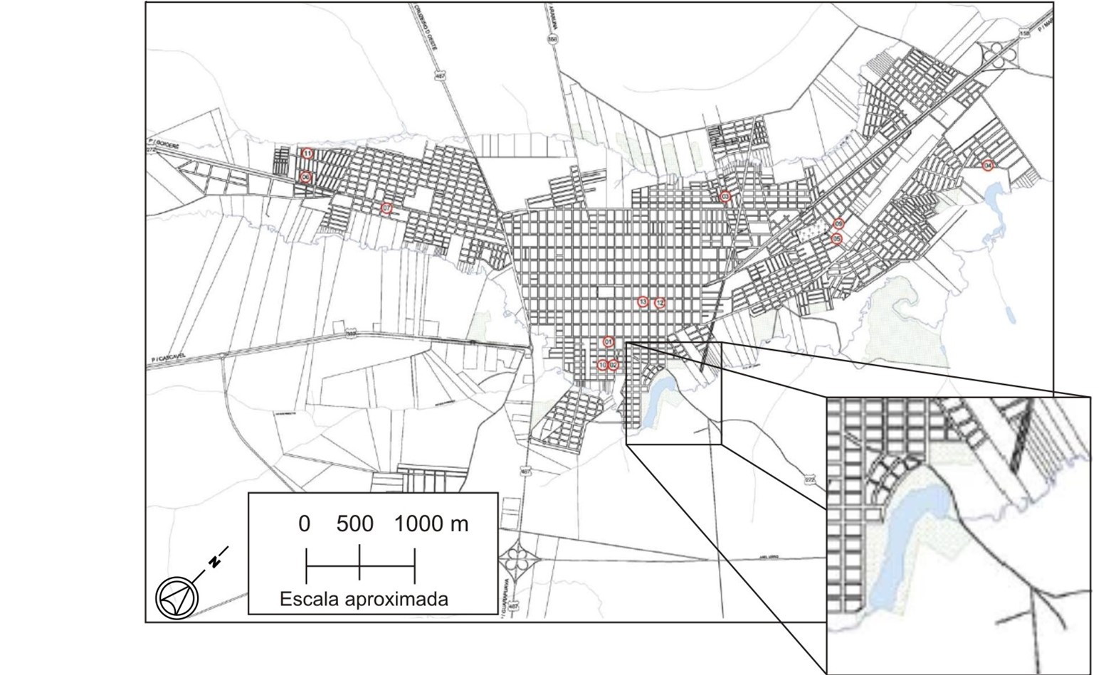 Figura 3 – Localização do parque Joaquim Teodoro de Oliveira. Fonte: Base cartográfica do Plano Diretor Municipal de Campo Mourão, 2007. Adaptado pelos autores.